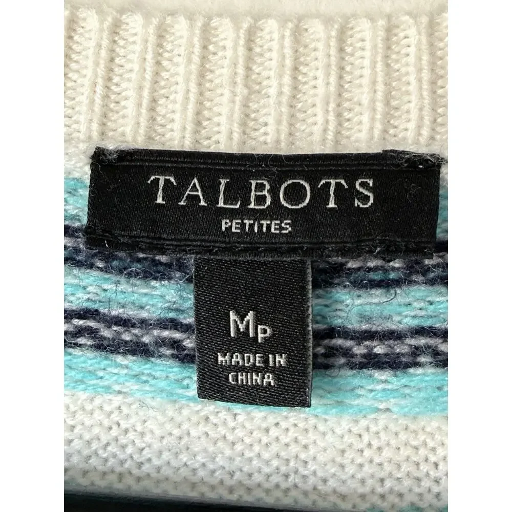 Talbots Sweater Womens M Fair Isle Pullover White Blue Lambs Wool Blend Jumper - Picture 3 of 7